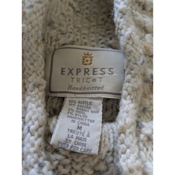 Vtg Express Tricot Handknit Cream Sweater Angora Wool Chunky Fisherman Medium - Picture 7 of 10